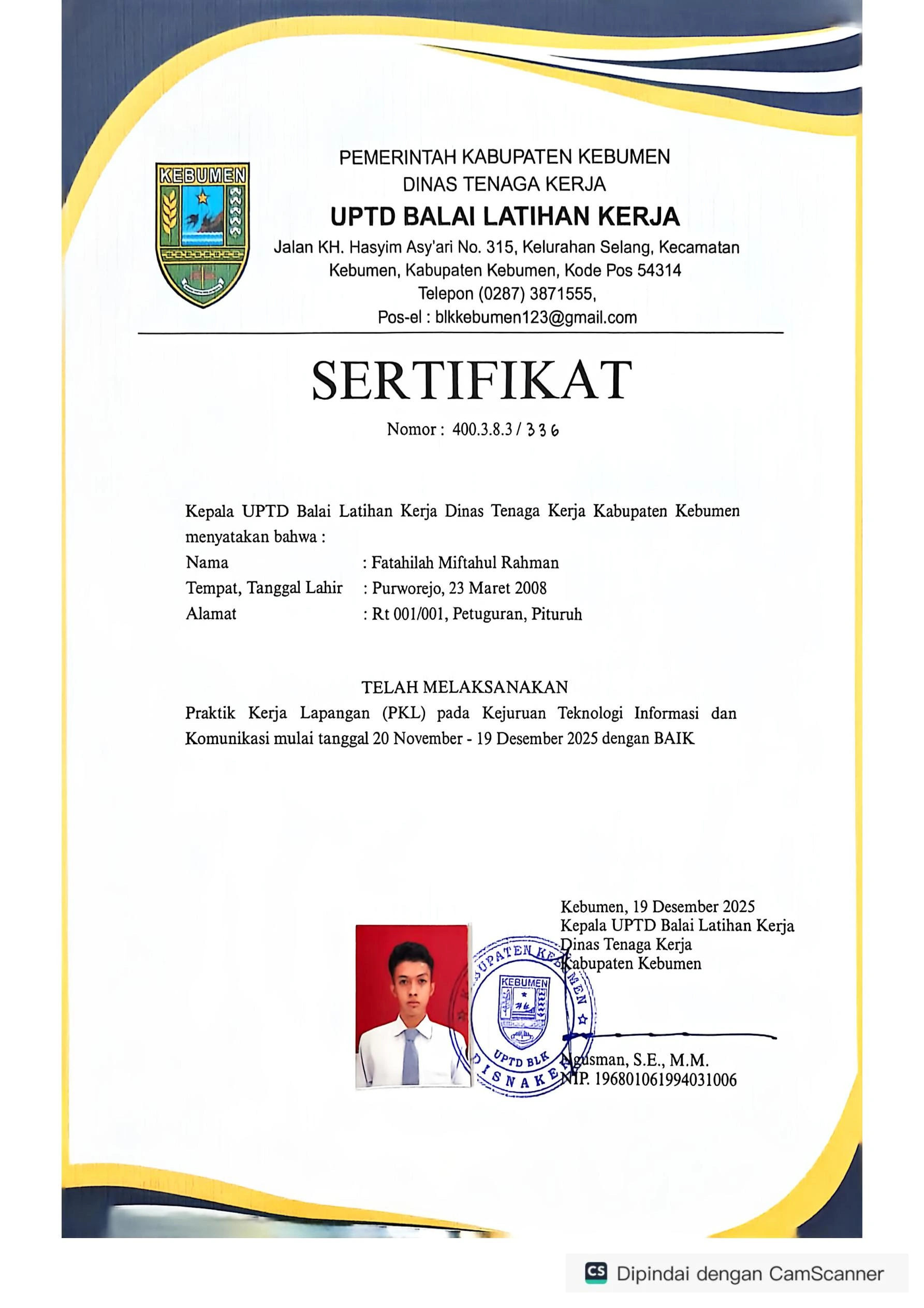 Sertifikat PKL UPTD BLK Kebumen