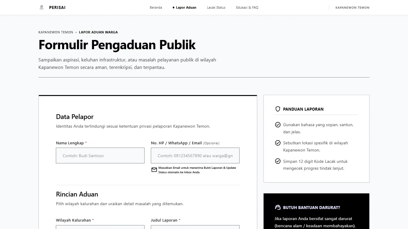Tampilan Formulir Pengaduan Publik