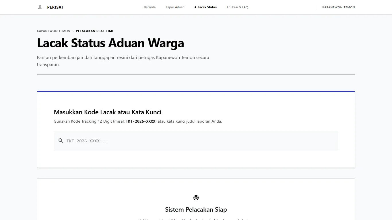 Tampilan Halaman Pelacakan Real-Time Status Aduan