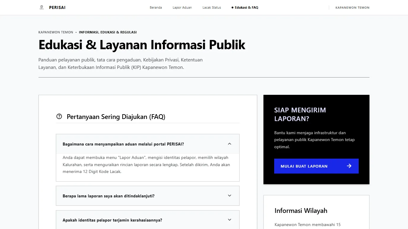 Tampilan Halaman Edukasi & Layanan Informasi Publik FAQ