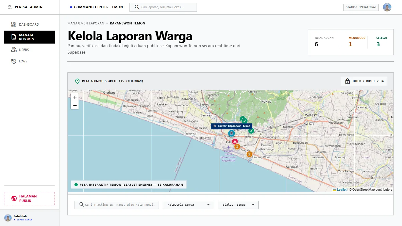 Tampilan Peta GIS Geografis 15 Kalurahan dan Pengelolaan Laporan