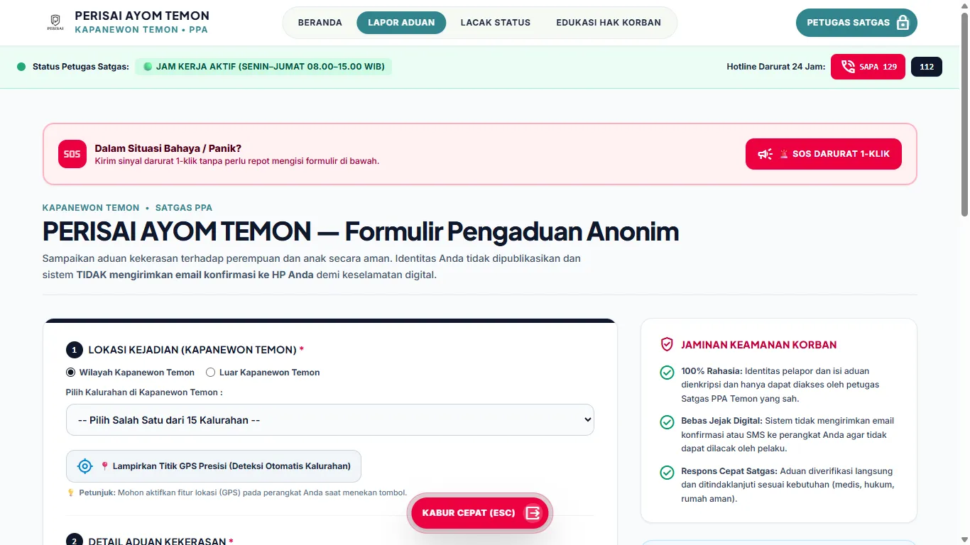 Formulir Pengaduan Anonim PPA & SOS Darurat 1-Klik